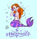 Cartoon mermaid with little fishes illustration for kids fashion artworks, children books, greeting cards, t-shirts Royalty Free Stock Photo