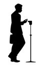 Businessman with body temperature scanner silhouette on white background