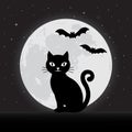 Happy halloween. Black cat on the background of the night sky with stars with the moon and bats Royalty Free Stock Photo
