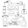 Vector set, hand-drawn on the theme of makeup, cosmetic doodles on a white background. Icons. Royalty Free Stock Photo