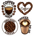 Logo set for coffee shop, organic coffee beans, coffee to go isolated on white background.