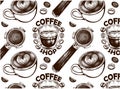 Sketch drawing pattern with cup of coffee, mug , espresso, cappuccino, latte art, coffee beans, shop isolated on white background. Royalty Free Stock Photo