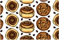 Sketch hand drawn pattern with brown frosted cinnamon rolls . Cinnamon bun with raisins, topping, glaze, icing Royalty Free Stock Photo