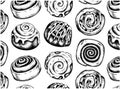 Sketch hand drawn pattern with black frosted cinnamon rolls isolated on white background. Cinnamon bun