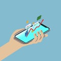 Color illustration of a hand with smartphone, coins, graph, money and pop-ups in isometric view Royalty Free Stock Photo