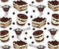 Sketch drawn pattern with italian dessert tiramisu, strainer with cocoa powder. Vintage engraved sweets, cupcake, coffee beans