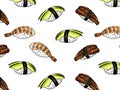 Vector illustration pattern of sketch hand drawn sushi for restaurant, cafe, shop. Japanese, Chinese, Korean, asian food