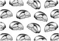 Sketch hand drawn pattern with graphic japanese sushi nigiri with rice and fish isolated on white background