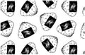 Sketch hand drawn pattern with black onigiri with rice and nori isolated on white background. Japanese Royalty Free Stock Photo