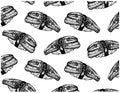 Sketch hand drawn pattern with black nigiri sushi, eel fish, rice, nori isolated on white background. Japanese food Royalty Free Stock Photo