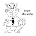 Coloring book. Cute office worker beaver. Vector illustration on a white background with black contours Royalty Free Stock Photo