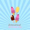 Vector illustration, four fresh ice creams on a soft blue background. International Ice Cream Day. Perfect for posters, greeting c