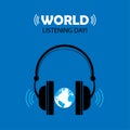 Vector illustration, Globe using headphones on a blue background. World Listening Day Concept, Music Day. suitable for posters, gr