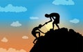 Vector graphic illustration of two people climbing a mountain, with silhouette concept. suitable for poster, banner, background, M Royalty Free Stock Photo