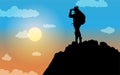 Vector graphic illustration of people taking pictures on top of a mountain, with silhouette concept. Perfect for posters, banners,