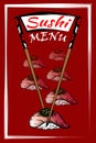 Vector illustration of sketch hand drawn poster of roll sushi menu for restaurant, cafe, shop. Japanese Royalty Free Stock Photo