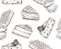 Vector illustration of hand drawn sketch pattern with cakes. Sweet berry cheesecake dessert food
