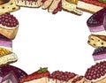 Vector illustration of sketch hand drawn poster with cake, cheesecake, pie, dessert, cookie, berries, blueberry, strawberry