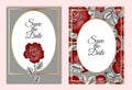 Vector illustration of sketch hand-drawn set of wedding invitation card template design with red flowers in vintage style Royalty Free Stock Photo