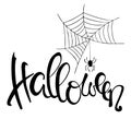 lettering happy Halloween. Vector illustration with a spider web, drawn by hand. Calligraphy with a brush.