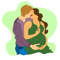 happy husband hugs and kisses his pregnant wife in a green dress. They are expecting a child. Future parents.