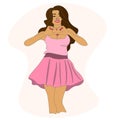 pretty brunette in a pink T-shirt and skirt shows a sign of heart, love. The lady makes a cordial gesture. Vector.