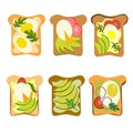 set of delicious sandwiches with egg, avocado and greens in a vector illustration. Breakfast food. sandwich with bread. Royalty Free Stock Photo