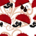 Flamenco pattern. Castanets, shoes, a weather vane. Spanish traditional music. Royalty Free Stock Photo