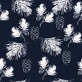 Cedar branch with a cone vector stock illustration. New Year`s seamless pattern.