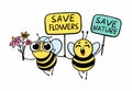 Save the bees - funny bees drawing. Illustration with cute cartoon bees and signboards. Royalty Free Stock Photo