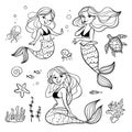 Cute cartoon mermaids set and sea animals Royalty Free Stock Photo