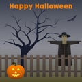 Scary halloween illustration with scarecrow, pumpkin, tree and bat Royalty Free Stock Photo