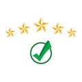 Illustration of a green check mark in a circle and a rating of five stars