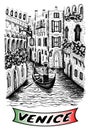 Vector Illustration Of Sketch Hand Drawn View Venice In Vintage Style. Retro Italy, Venezia Architecture