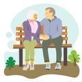 Elderly people are sitting on bench. Grandma and grandpa spend time together, talking in the fresh air