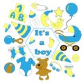 set baby badges for newborn boy. children\'s wardrobe, accessories for newborns, clothes, toys, moon, star, bottle of milk. Royalty Free Stock Photo
