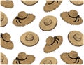 Sketch hand drawn pattern with engraving brown women\'s hats isolated on white background.