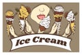 Vector illustration of sketch hand drawn poster of human hand holds and lick sweet ice cream