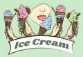 Vector illustration of sketch hand drawn poster of human hand holds and lick sweet ice cream