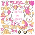 set items for newborn girl. pajamas, stroller, diaper, rattle, milk bottle, doodle. for congratulations on the birth of child