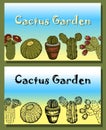 Vector Illustration of sketch hand drawn set of Cactus Garden poster with cacti succulent plants, flowers.