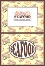 Set of posters with sketch drawing seafood. Line art marine life banner. Outline hand drawn squid, clams, shrimp, prawn. Royalty Free Stock Photo