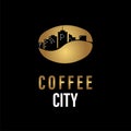 Golden Coffee Bean Design Vector with Urban Building, perfect for Coffee Shop Business logo template.