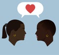 Silhouettes. Dialogue of two black women. Girls. Speech bubble with heart. Women are in dialogue. Women in love. Lesbians.