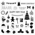 Merry Christmas flat glyph icons. Pine tree, snowflake, bag of presents, party invitation, snowman