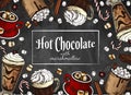 Chalk drawing template of colorful Hot Chocolate and marshmallow isolated on blackboard. Royalty Free Stock Photo