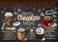 Sketch drawing template of Hot Chocolate Menu with colorful cocoa drinks isolated on blackboard.
