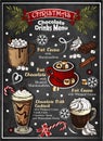 Doodle chalk drawing Christmas chocolate drinks menu on blackboard. Sketch hand drawn banner of hot drinks, marshmallow