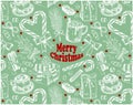 Sketch drawing pattern of red Merry Christmas text, white gifts, hot chocolate, cup of cocoa with marshmallow on blue background. Royalty Free Stock Photo