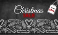 Chalk drawing poster of Christmas sale with candy cane, mistletoe, pine, fir, lollipop, bow, ribbon. Royalty Free Stock Photo